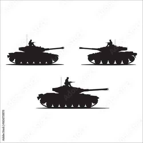 Vector tank silhouette, a powerful military vehicle with a heavy cannon and track, isolated on white