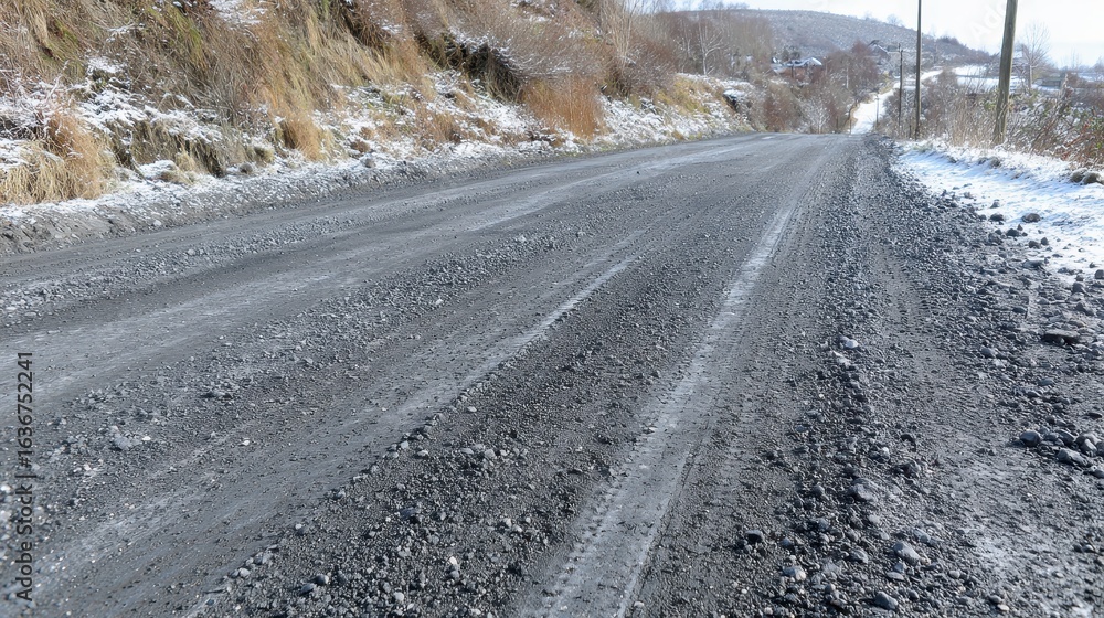 Naklejka premium Winter Road with Gravel Surface and Snowy Landscape in Background