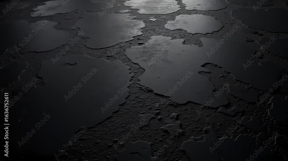 A dark and moody abstract background featuring a textured surface with irregular shapes and reflections