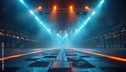 Race track finish line illuminated by blue spotlights with misty atmosphere. Competition, speed, motorsport excitement palpable. Asphalt track features orange racing lines, checkered pattern under