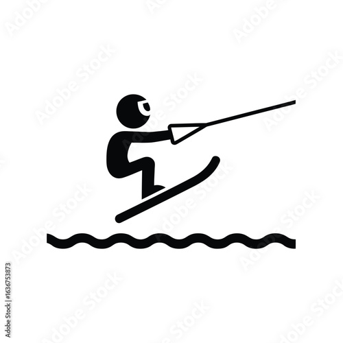 Stick figure waterskiing on wavy water with a tow rope