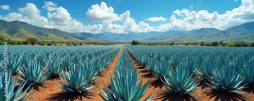 Vast field of blue agave plants under bright, cloudy sky. Rows of succulent vegetation stretch towards distant mountains. Arid landscape nature resilience, raw beauty of Mexican countryside.