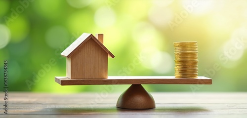 Wallpaper Mural Wooden house model balances with stack of gold coins on scale. Home value, property investment, financial planning, mortgage, real estate decisions. Compares housing cost versus financial return, Torontodigital.ca