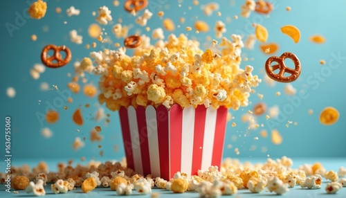 Explosion of popcorn, pretzels, chips from striped box. Movie snacks fly, burst. Tasty butter, salt, caramel treats, crunchy, party, celebration, cinema, theatre, television, screen entertainment,