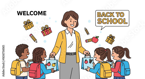 Teacher Welcoming Diverse Students Returning To Classroom After Summer Break