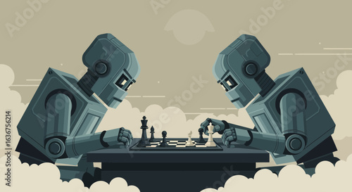 Robotic intelligence match, chess game between two advanced ai robots vector illustration concept of futuristic technology