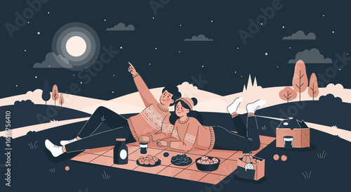 Romantic evening picnic under the stars a couple enjoys quality time outdoors discovering constellations and sharing sweet treats