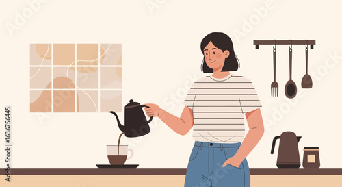 Woman Preparing Morning Coffee at Home In a Serene and Minimalist Kitchen