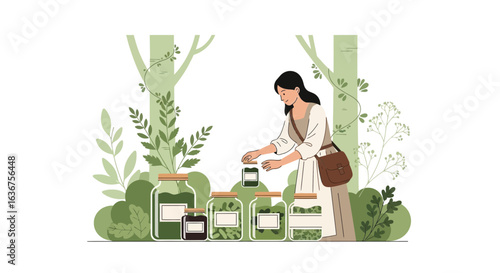 Woman Preparing Herbal Remedies with Forest Background for Natural Wellness