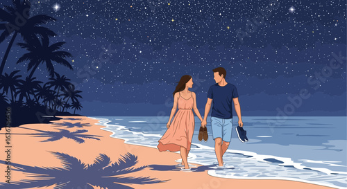 Romantic evening stroll on the beach under a starry sky showcasing love and tranquility