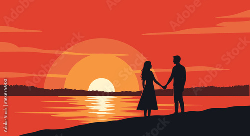Romantic Getaway Silhouette Couple Enjoying Sunset Beach Together Summer Vacation