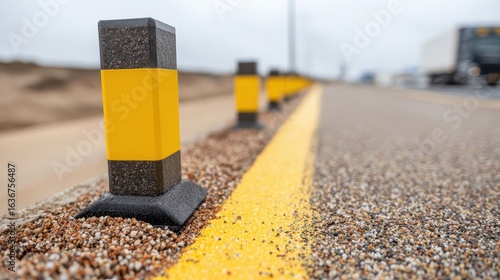 Roadside Safety Barriers with Yellow Markings on Sandy Surface