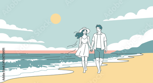 Romantic Getaway Couple Walking on the Beach Together Enjoying Summer Vacation