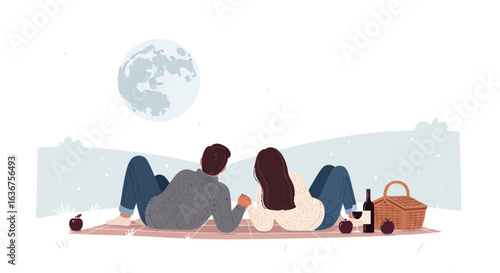 Romantic Moonlight Picnic Under The Stars Couple Enjoying Night Outdoor
