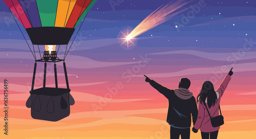 Romantic Night A Couple Watches a Hot Air Balloon and Shooting Star