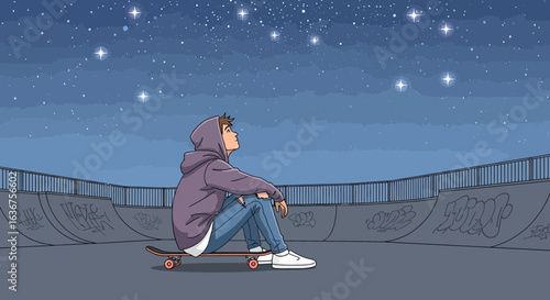 Teenager Sits On Skateboard Under Starry Sky At Night In Skate Park