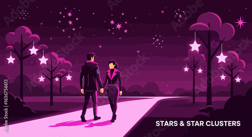 Romantic Stroll Under the Starry Sky A Couple Walking in a Purple Night