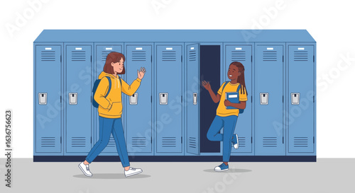 Teenagers Meeting Near School Lockers Happy Friendship and Education Life