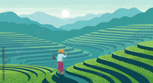 Terraced Fields Landscape Farmer Silhouette Serenity in Nature