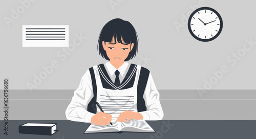 Sad student in uniform studying at her desk with a book, a clock on wall indicates the time, vector illustration portraying academic stress