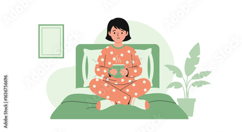 Sad woman in pajamas sitting on bed with hot drink to overcome loneliness mood