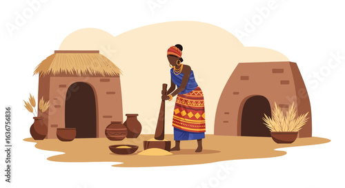 Traditional African Woman Preparing Food In Village Scene Illustration