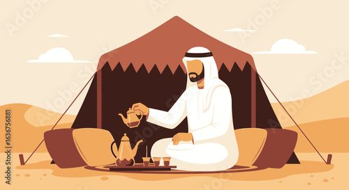 Traditional Arabian Hospitality Scene Man Pouring Tea in Desert Camp