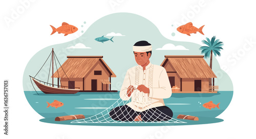 Traditional Fisherman Mending Net By Calm Coastal Village In Southeast Asia Art