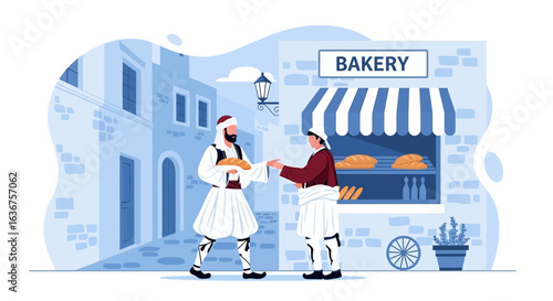 Traditional Greek Bread Exchange On a Quaint Village Street Scene Illustration