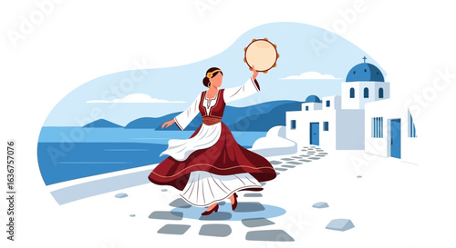 Traditional Greek Dance In Santorini Island With Sea View And Whitewashed Buildings