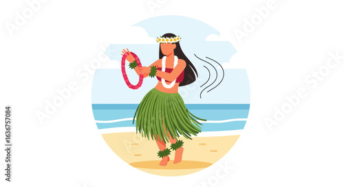 Traditional Hula Dancer Performing On Beach With Lei And Grass Skirt For Vacation