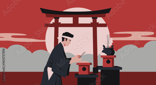 Traditional Japanese Shinto Shrine With Man Offering Incense Ritualistic Practice