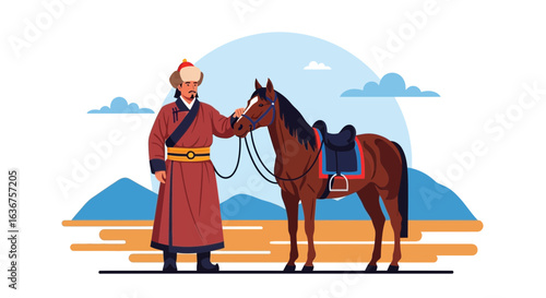 Traditional Mongolian Rider In Native Dress With His Horse Flat Illustration