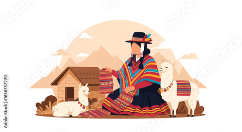 Traditional Peruvian woman with alpacas in the Andes mountains creates textile art