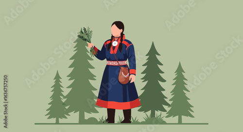 Traditional Saami Woman Gathering Herbs in Forest Landscape Illustration