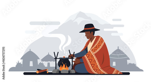 Traditional South American indigenous man cooking over fire with Andes mountains backdrop