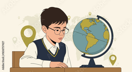 Young student explores the world map using a globe in a classroom setting for learning