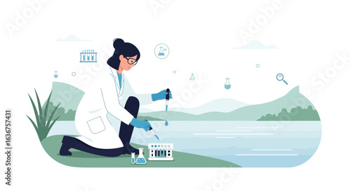 Scientist Analyzing Water Sample From Lake For Pollution Research And Development