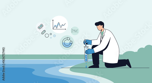 Scientist Collects Water Sample For Analysis In Environmental Research Study