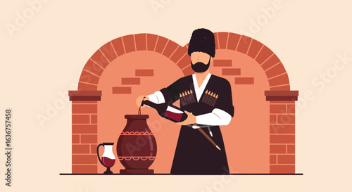 Traditional Wine Making Process Illustration Featuring a Person Pouring Wine