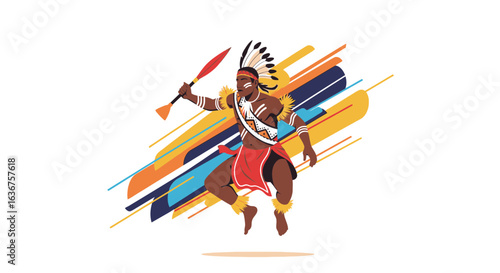 Tribal Celebration Energetic Native American Performer with Spear and Headdress