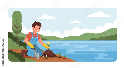 Young Volunteer Planting Flowers By Lakeside On A Sunny Afternoon