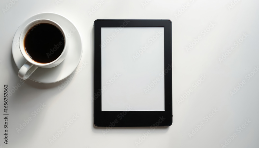 Fototapeta premium Modern e-reader device with blank screen placed on clean white table next to cup of hot coffee. Minimalist composition highlights digital reading technology, simple beverage break. Perfect for