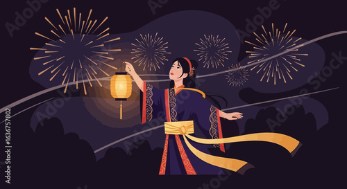 Young Woman Celebrates Traditional Festival Under Fireworks Holding Paper Lantern