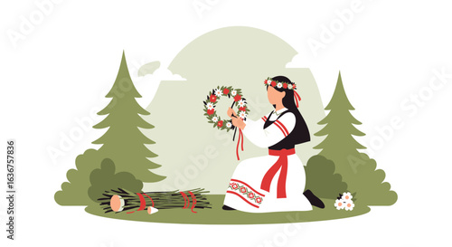 Young Woman Creating a Floral Wreath in Nature Celebrating Midsummer Festival
