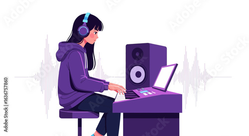 Young woman creating music using a synthesizer and headphones in her home studio setup