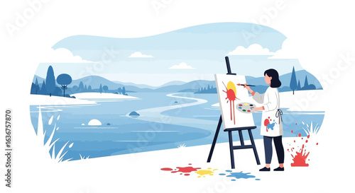 Young Woman Creates a Landscape Painting Beside a Calm Lake on a Sunny Day