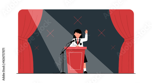 Young Woman Delivering Speech on Stage Before Curtains and Spotlight
