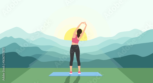 Young Woman Doing Stretching Exercises in Natural Landscape At Sunrise