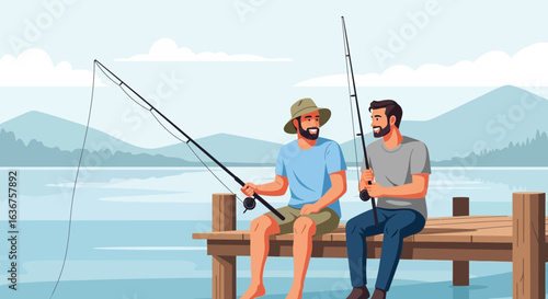 Two Friends Enjoying a Relaxing Day Fishing Together on a Wooden Pier